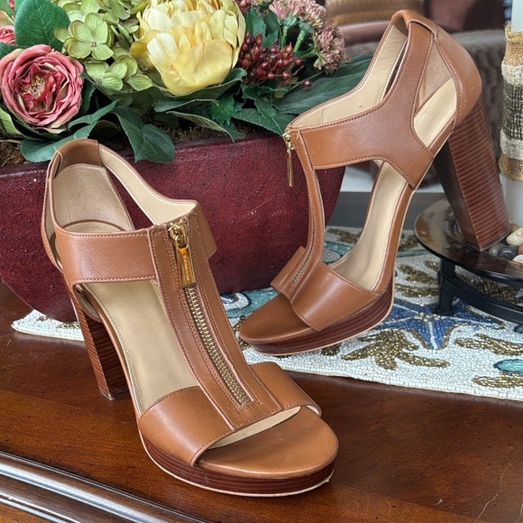 Michael Kors Genuine Leather Cognac Zip Up Stacked Platform Heels Sandal Neutral - Picture 1 of 16